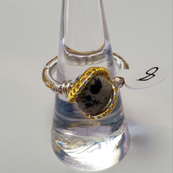 "Silver spots" dalmatian jasper handmade wire wrap ring size 8 - Picture 3 of 7